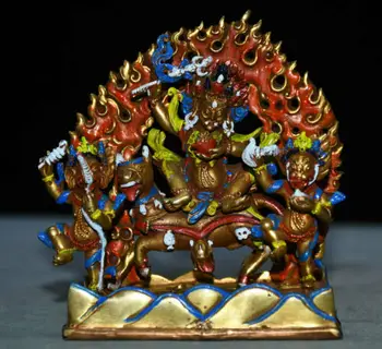 

wedding decoration 4" Tibet Copper Gild Painted Mahakala Wrathful Deity Buddha 2 Dharmapala Statue