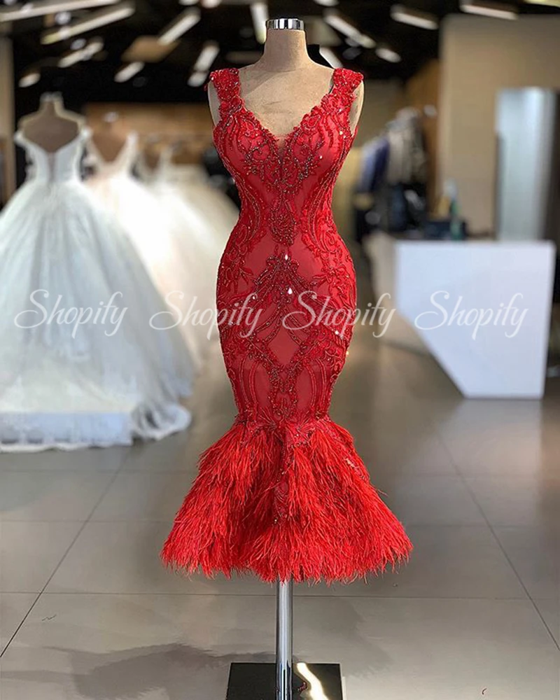 Потрясающее платье-Русалка с v-образным вырезом без рукавов, вышитое бисером перо, арабское официальное женское платье, Красные Короткие вечерние платья