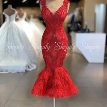 Потрясающее платье-Русалка с v-образным вырезом без рукавов, вышитое бисером перо, арабское официальное женское платье, Красные Короткие вечерние платья
