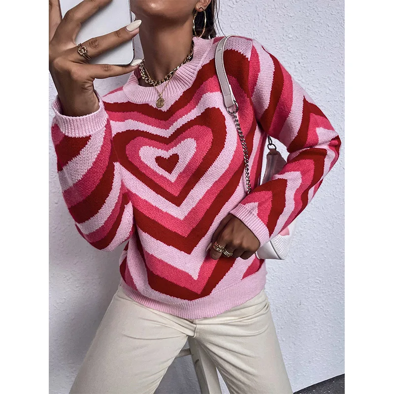 

Женский жаккардовый свитер, свободный осенний свитер в Корейском стиле с сердечками