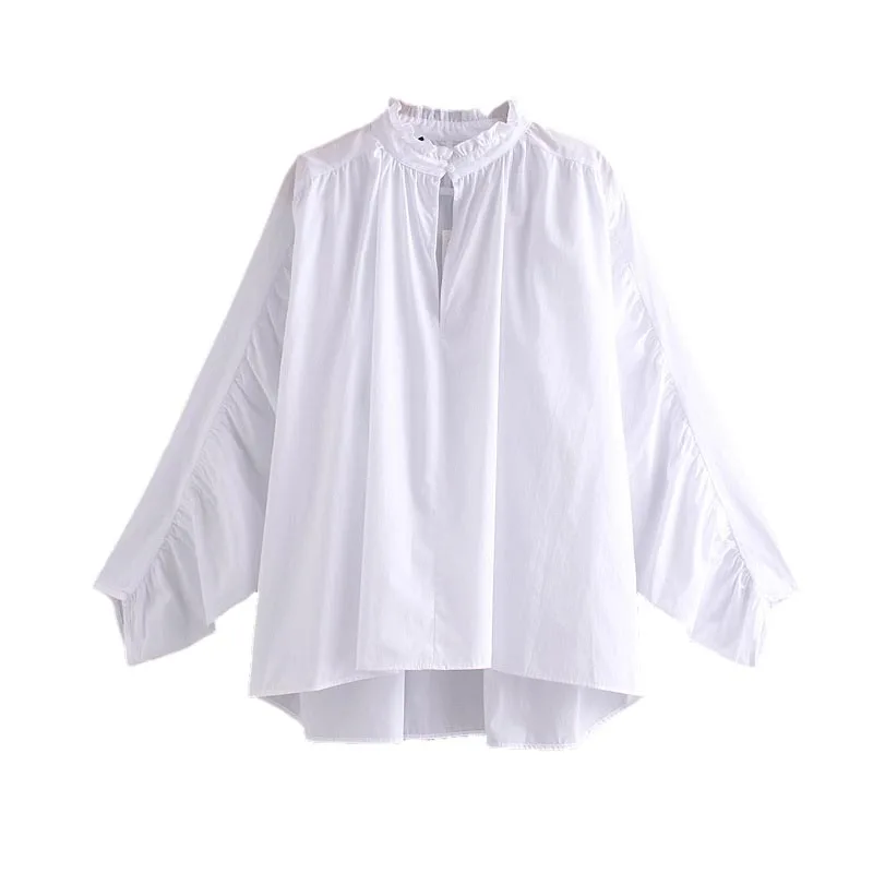 

CS642 Women Autumn Pleated Sleeve Stand Collar Loose Design White Color Poplin Blouse Oversize Shirts Tops