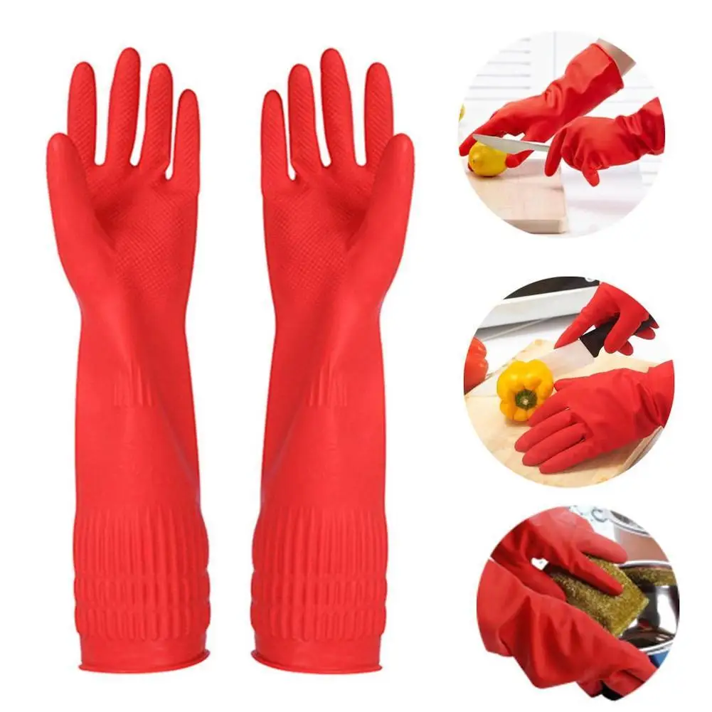 Kitchen Gloves Washing Dishes Cleaning Washing Red Long Rubber Sleeve Waterproof Latex Tool Gloves Gloves D8M5 — view 2