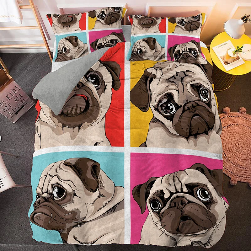 Lovely Pug Pattern Duvet Cover Set Puppy Bedding Sets Bedspread 3pcs Large Size Home Textile