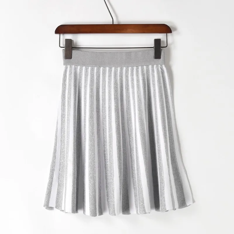 short-silver Контрастные цвета трикотажные плиссированные женские юбки осень зима вязанная Высокая талия Офисная Женская юбка элегантный свитер длинная юбка - Цвет: short-silver