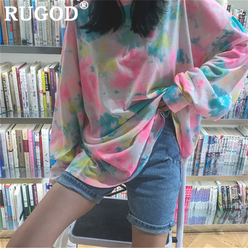 

RUGOD Women multicolored print t shirt o neck long sleeve loose tee 2019 new autumn fashion female elegant modis korean top