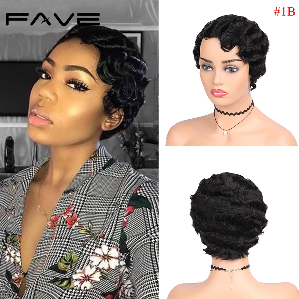 Fave Human Finger Wave Wigs Short Brazilian Remy Retro Pixie Cut