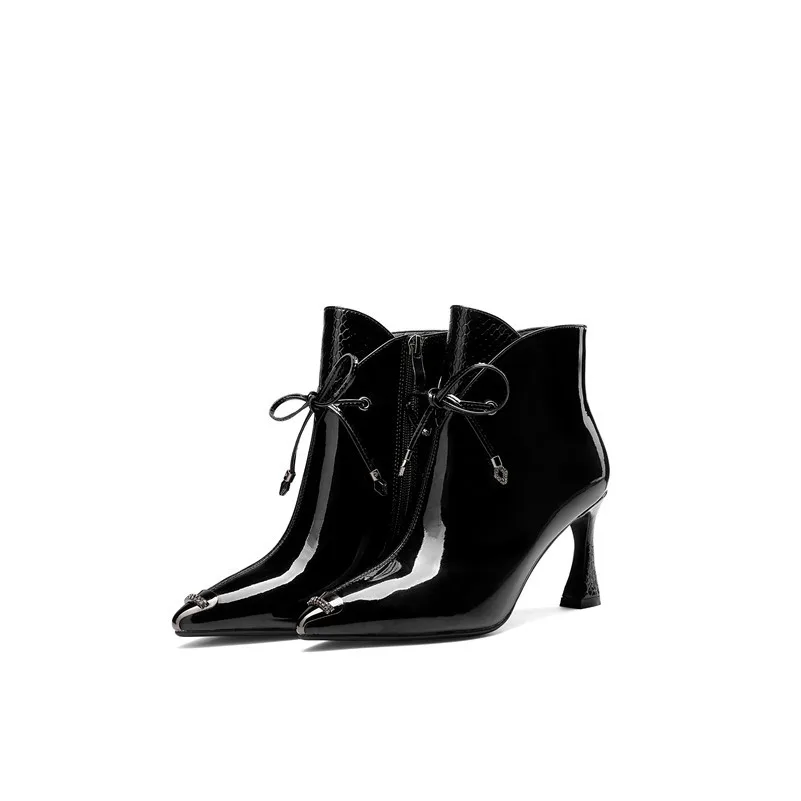 ANNYMOLI Autumn Ankle Boots Women Natural Genuine Leather Kitten High Heels Short Boots Zipper Pointed Toe Shoes Lady Fall 34-39 - Цвет: Черный