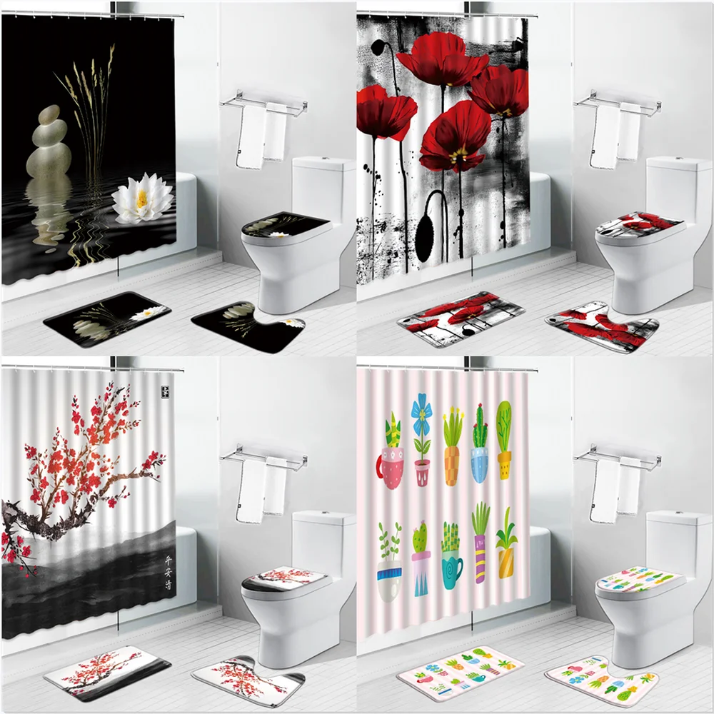

Zen Stone Cactus Poppy Flower Chinese Style Scenery Shower Curtains Set Sunflower Rose Tulip Bathroom Bath Mat Toilet Cover Rug