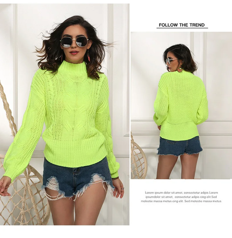 Neon Sweater Women Knitted Fuchsia Pink Solid Half Turtleneck Pullovers Long Casual Loose Knitting Shirts Female Jumpers