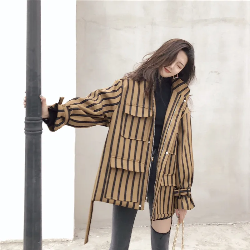 

2019 New Autumn Winter Short Trench Coat Women lazy retro belt waist fashion Windbreaker Vertical Stripes Woolen Outerwear xa270