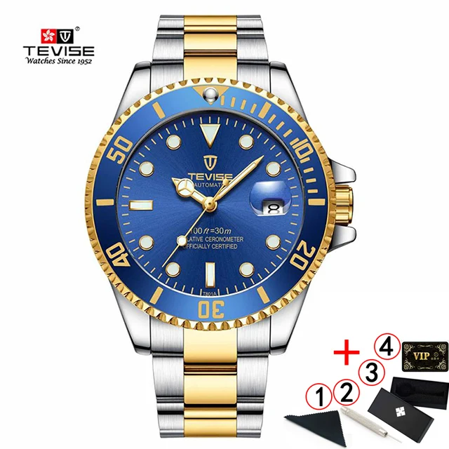 Прямая Tevise T801 Топ бренд Роскошные Мужские механические часы Известный дизайн автоматические часы мужские Relogio Masculino - Цвет: slv-gold-blue-box