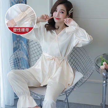 

2020 Spring And Autumn Ice Silk Pajamas Women's Summer Long-Sleeved Trousers Simulation Pyjamas Set Sexy Sweet Home Service Suit