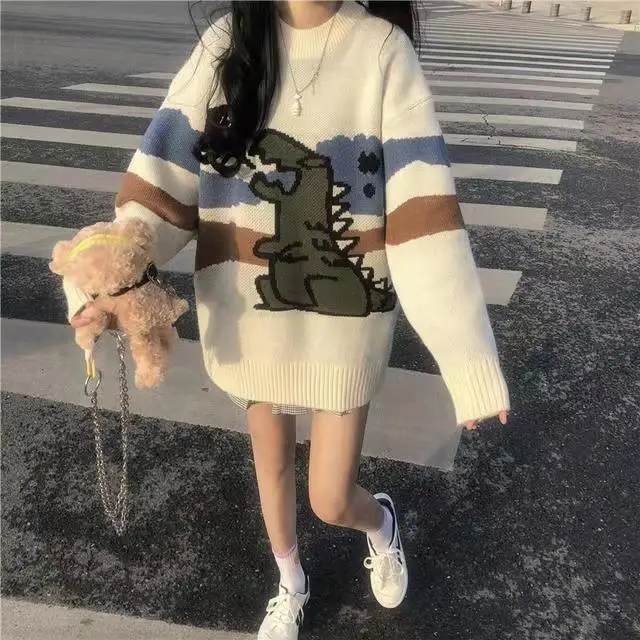 Suéter de punto con estampado de dibujos animados para mujer, ropa de calle de estilo japonés cálida y suave, informal, cómodo, Simple