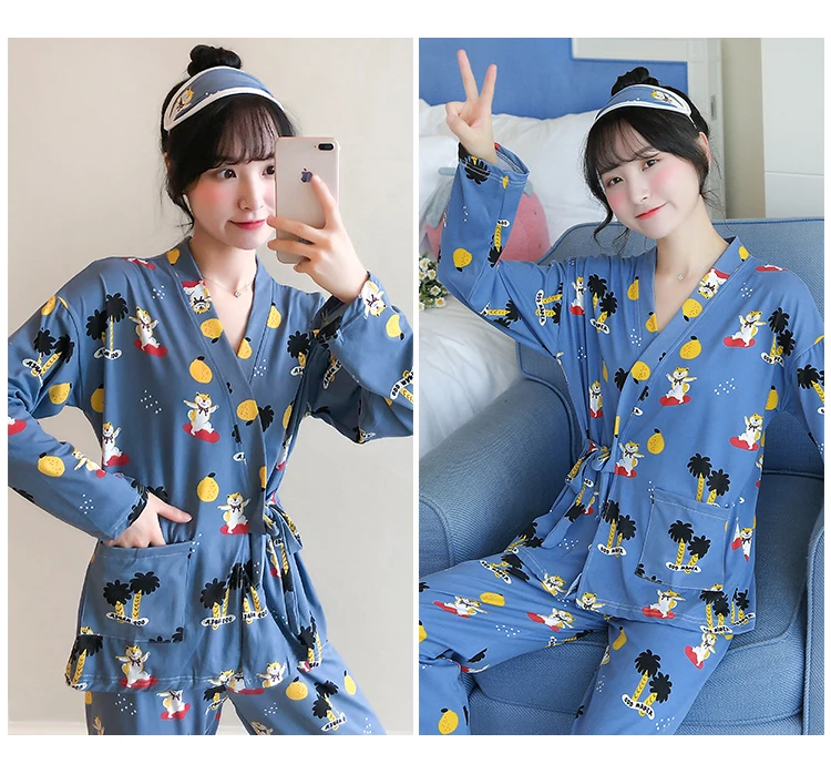Новые Брюки с принтом осенне-зимний комплект одежды для сна женская ночная рубашка кимоно ванная комната женские пижамные комплекты набор длинных брюк халат Дамская пижама