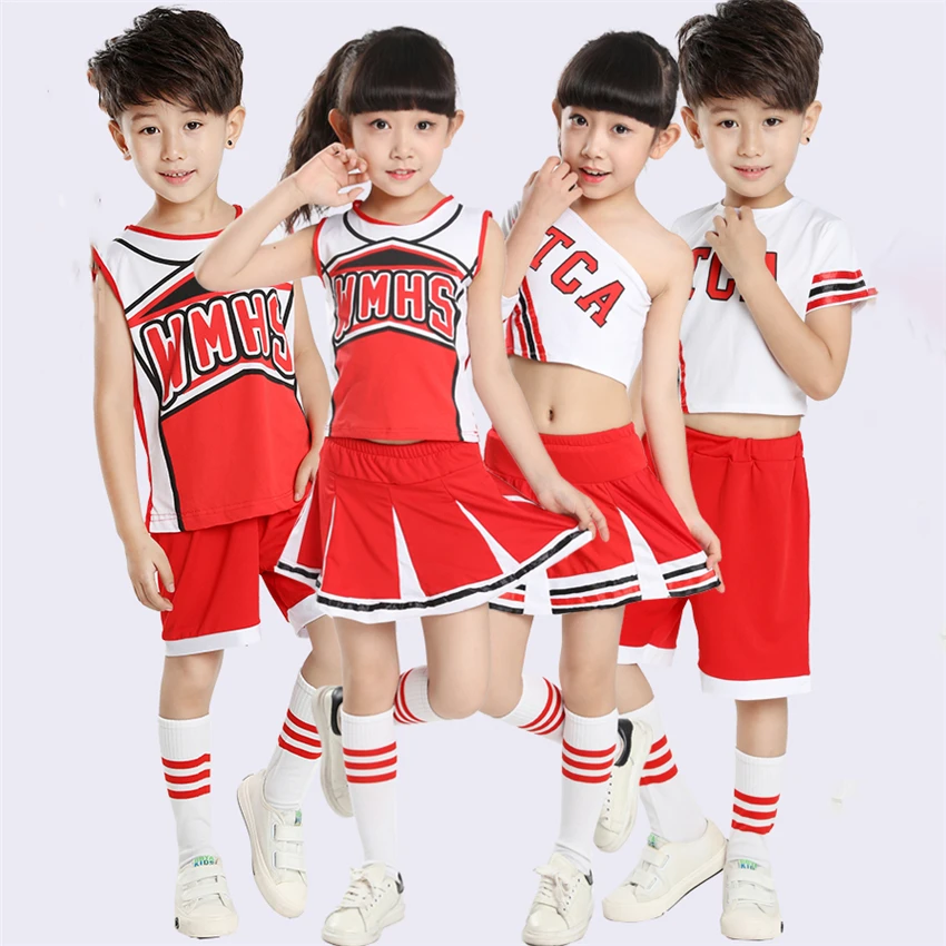 

Children School Uniform for Girls Cheerleader Shouder Off Boy Sports Gymnastics Jazz Football Outfit Kids Team Dance Costume
