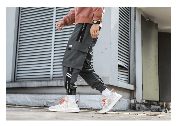 Autumn Men's Cargo pants polyester loose Big pocket fashion pants men Stitching printing jogging comfortable casual trousers