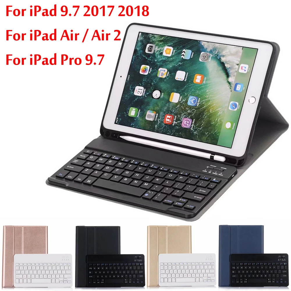 

For iPad 5 / 6 / Air / Air 2 / Pro 9.7 High-Quality Ultra thin Detachable Wireless Bluetooth Keyboard Case cover + Gift
