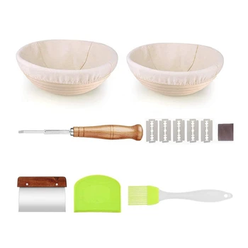 

New Round Baking Bowl Kit for Sourdough with Dough Scraper, Bread Lame, Brotform Cloth Liner, Professional & Home Bakers.