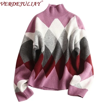 

VERDEJULIAY Autumn Winter Runway Fashion Sweater Women's Long Sleeve Plaid Print Warm Wool High Quality Sweater