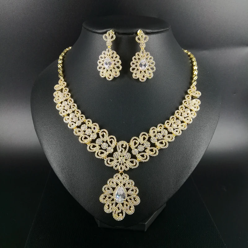 

2019NEW fashion luxury crystal zircon golden necklace earring wedding bride banquet dress popular jewelry set free shipping