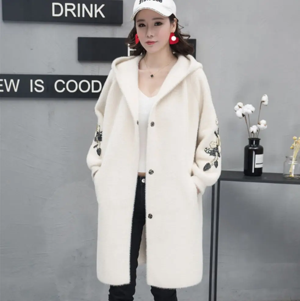 ^Cheap Autumn And Winter New Coat Knit Cardigan Women's Long Hooded Loose Solid Color embroidered sweater coat female