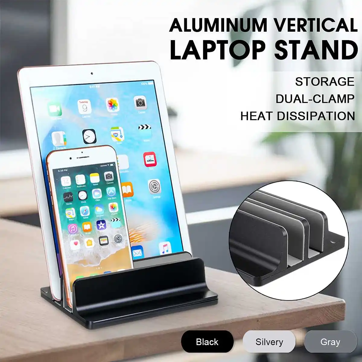 

Dual Slot Aluminum Vertical Laptop Stand Space-Saving Desktop Laptop Stand Holder For MacBook Notebook Mobile phone