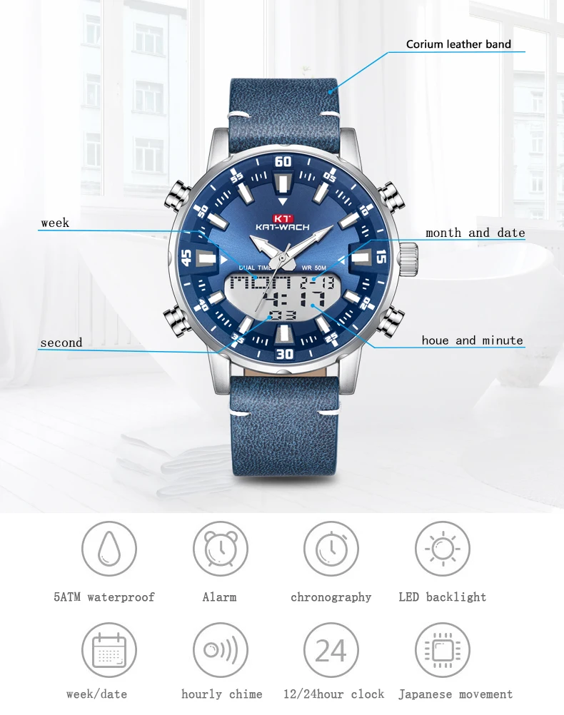 KAT-WACH Brand New Fashion Trend Big Dial Men's Watches Multifunctional Dual Display Quartz Electronic Watch Relogio Masculi