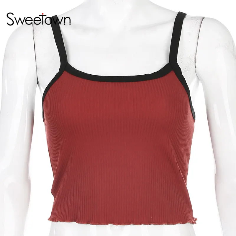 Sweetown летняя новая мода контрастный цвет майка женская повседневная одежда для фитнеса с открытыми плечами без бретелек Топ на бретельках