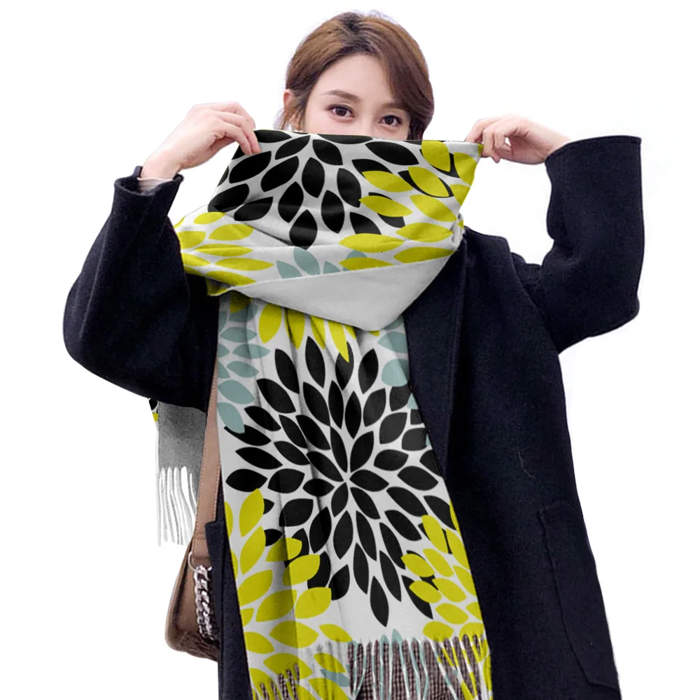 Dahlia Geometric Wood Grain Yellow Women Fashion Cashmere Scarf Blanket Scarves Lady Pashmina Shawl 2020 | Аксессуары для одежды