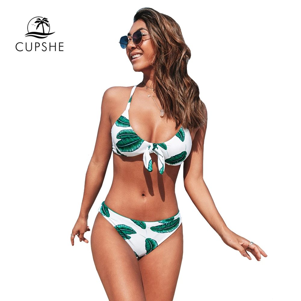 CUPSHE, с принтом листьев, с бантом, низкая талия, бикини, наборы, сексуальный, с вырезом, на бретелях, купальник, две части, купальник для женщин,, пляжный купальник