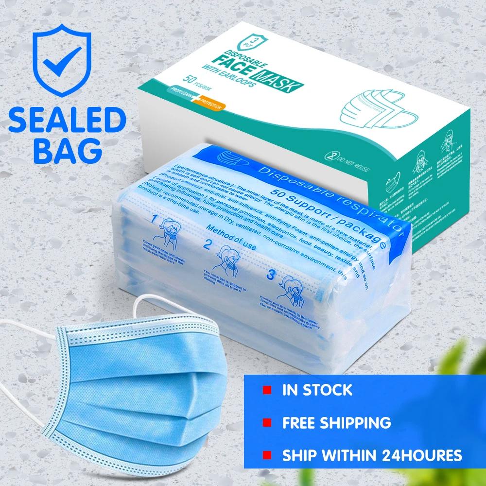 

100Pcs Disposable Face Mask Airborne Droplets Protective Mask 3-layer Ear Loop filter mouth mask for face hygiene respirator