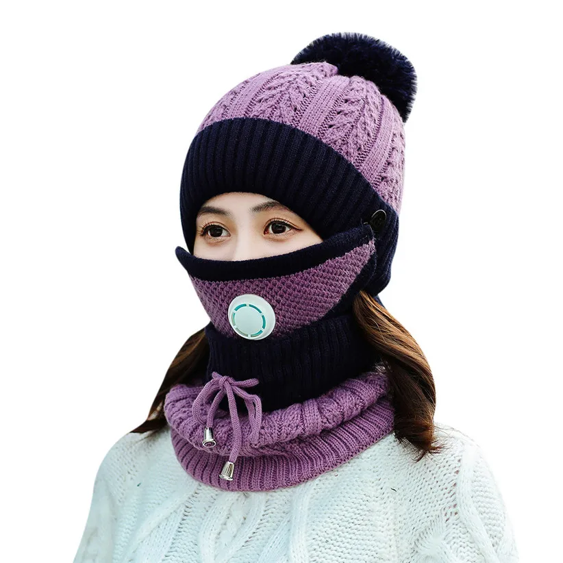 Winter Knit Set Women Girls Patchwork Ball Hat Skullies Beanies Lace-up Scarf O Ring Face Mask Woman Ski Cap 9108