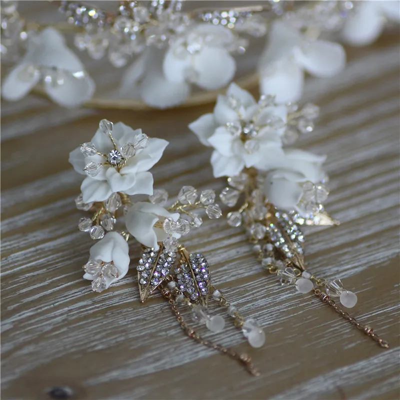 earrings Нежный фарфор цветок свадебный гребень для волос античный серебряный свадебный головной убор Роскошные вечерние выпускные украшения для волос для невест - Окраска металла: earrings