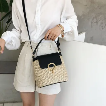 

2020 Summer New Fashion Small Straw Bucket Bags Lady Travel Purses and Handbags Female Shoulder Messenger Bag