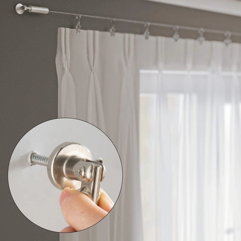 5m Tringle à Rideaux Kit Avec 24 Pièces Acier Inoxydable An Crochets Câble En