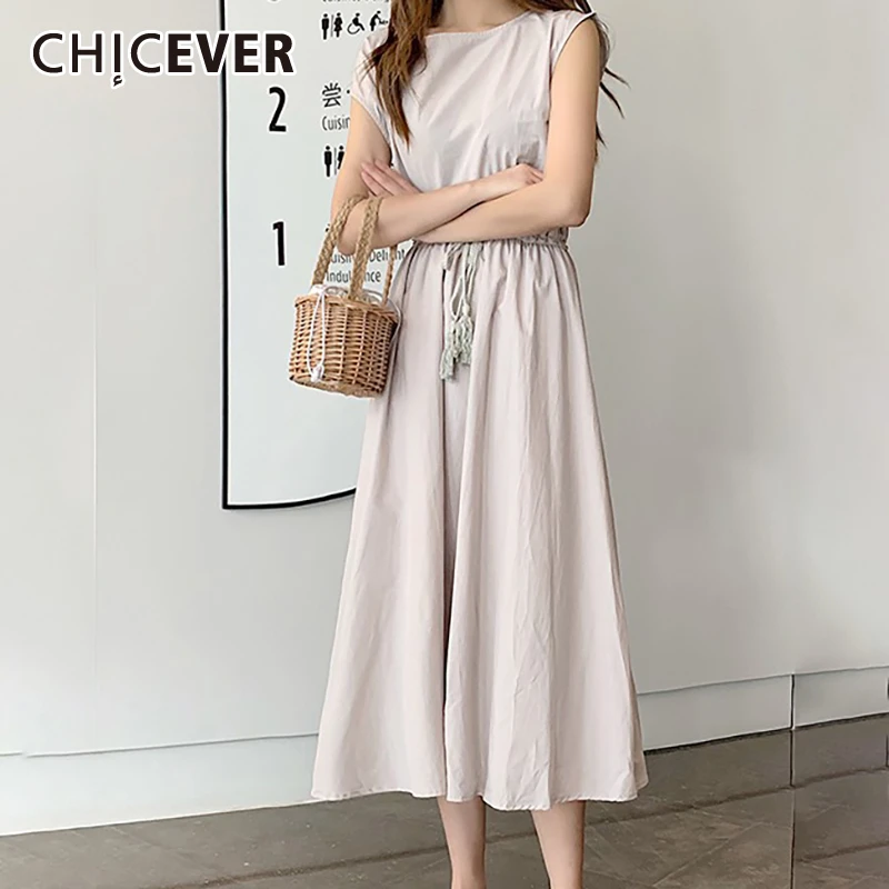 

CHICEVER Korean A Line Female Dresses Sleeveless Off Shoulder High Waist Bandages Loose Dress Women Fashion New Clothes Summer