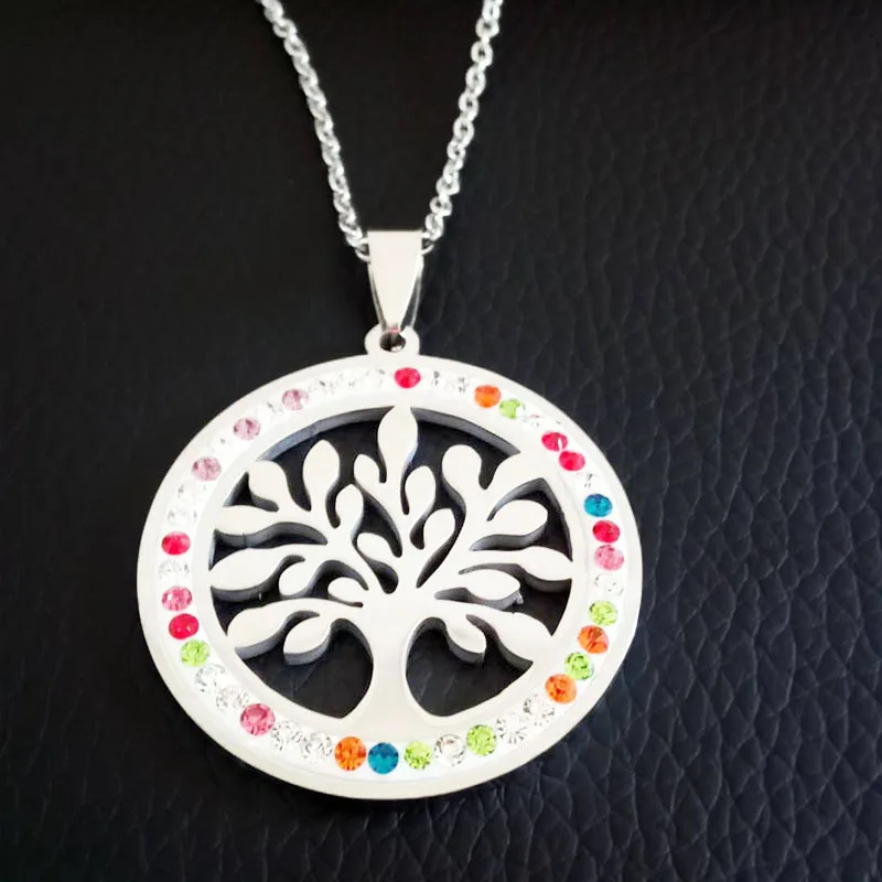 

Lucky Tree Stainless Steel Ornament Set with Colorful Crystals Tag Pendant Necklace Europe And America Hot Selling