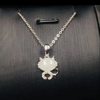 

Real 925 Silver White HeTian Jade Carved Cat Shape Lucky Pendant + Chain Necklace For Women Girl Fine Jewelry