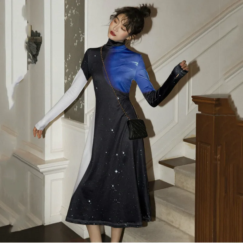 

LANMREM Turtleneck Print Colorblock Mid-length Women Dress Vintage Temperament Knit Thin Dress Tide 2020 New Spring PC913