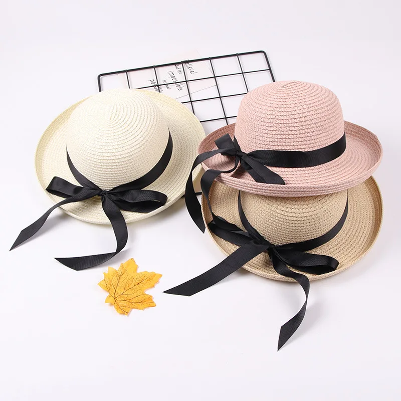 

CHILDREN'S Straw Hat Girls Summer Big Brim Topee Parent And Child-Outing Beach Sun Protection Hat Korean-style Seaside Bucket Ha