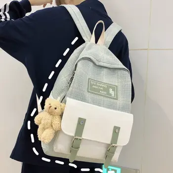 

School Backpack Female Cute Backpack Linen Women Appliques Harajuku Girl Kawaii Backpack Canvas Lattice Ladies Bag Doll Pendant
