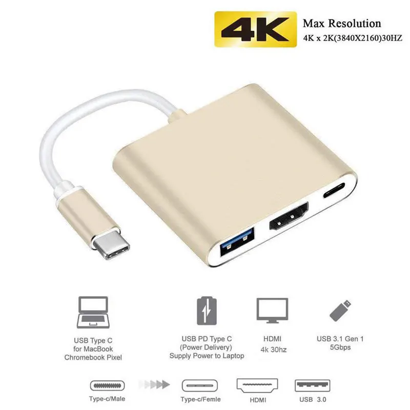 Gold Uosible Thunderbolt 3 адаптер концентратор USB Type C к HDMI 4K Поддержка samsung Dex mode USB-C Doce с PD для MacBook Pro/Air - Цвет: Gold