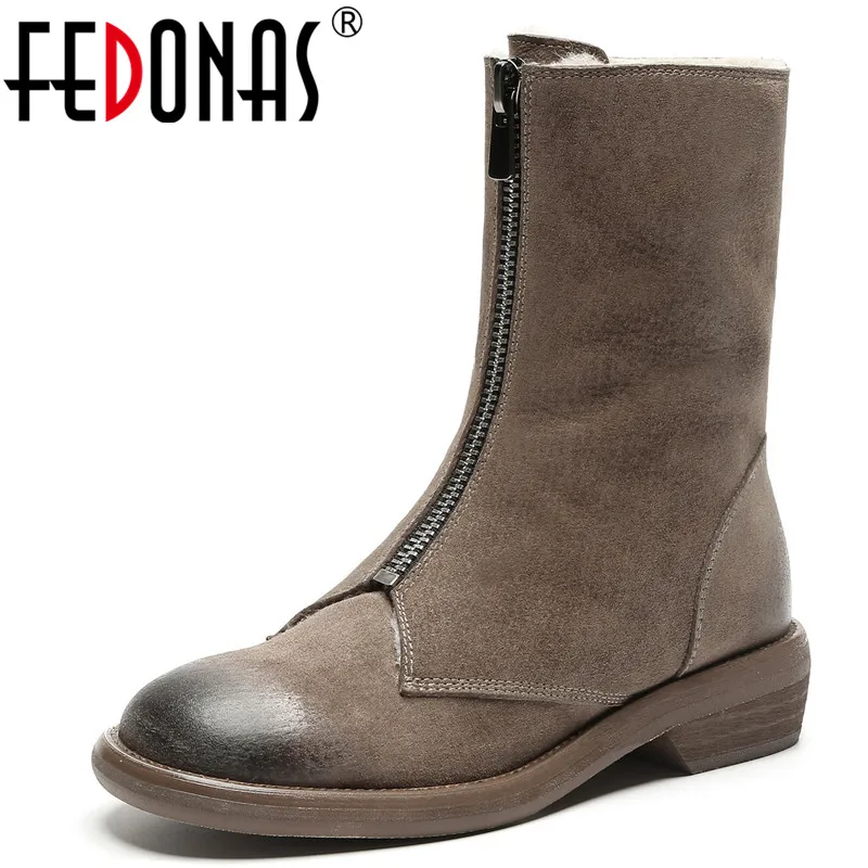 FEDONAS/зимние женские ботильоны из свиной кожи Классическая офисная обувь на