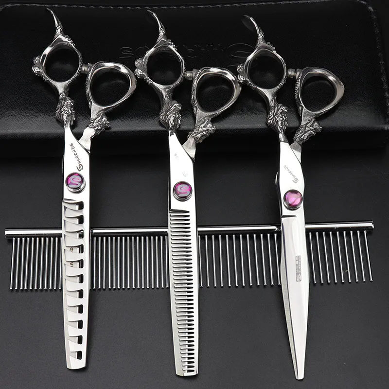 purple 3PCS set 7 дюймов, 8 дюймов, 9 дюймов, красивые ножницы для стрижки волос домашних животных, набор профессиональных ножниц для кошек, собак, инструмент для моделирования - Цвет: purple 3PCS set