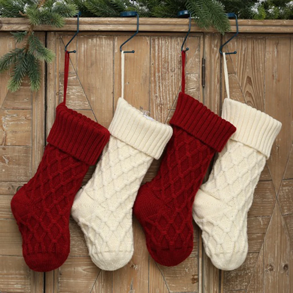 Рождественские чулки, вязаные рождественские подарки, чулки, украшения для семейного праздника, зеленые, красные, белые рождественские носки