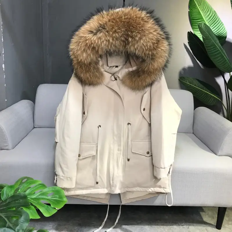 Женский пуховик, корейский стиль, короткий, свободный, плотный, с густым мехом, белый, утиный пух,, модная новинка, большие размеры - Цвет: see chart