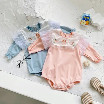 

Korean Style Baby Girl One Piece Rabbit Embroidery Romper Newborn Cute Cotton Jumpsuit Korea Infant Autumn Rompers Twins Clothes