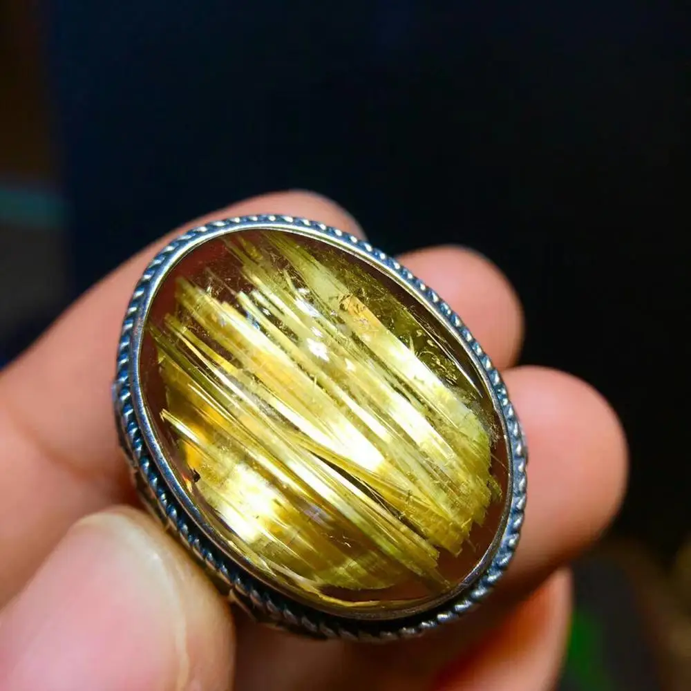 

Natural Gold Rutilated Quartz Women Men Adjustable Ring AAAAA 925 Silver 23.6/17.1mm Yellow OVal Beads AAAAA Certificate