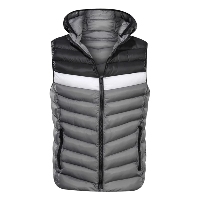 Men's Hooded Vest Down Jackets Autumn Winter Warm Waistcoat Brand Mens Coats Patchwork Sleeveless Vest Slim Jacket Tops - Цвет: Black grey MG7561