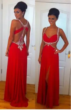 

Lucy Mecklenburgh Red Valentines Dress Saphetti Strap Prom Dresses 2015 Sexy Beaded Side Slit Floor-length Chiffon Prom Gowns